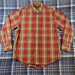 Timberland Mens Red Plaid Long Sleeve Button Down Cotton Shirt Large Logo Pocket